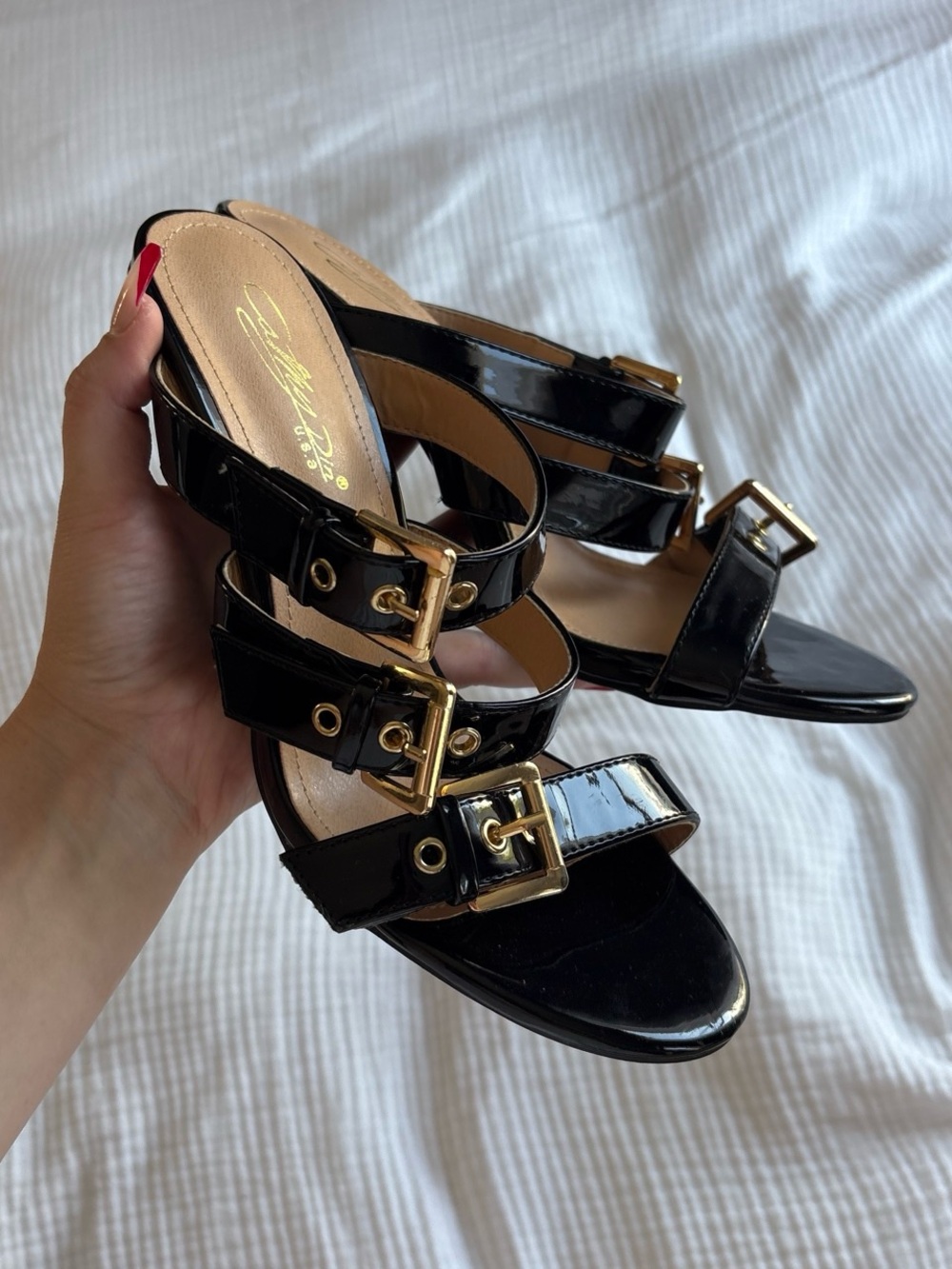 Black Patent Strappy Heeled Sandals with Gold Buckles